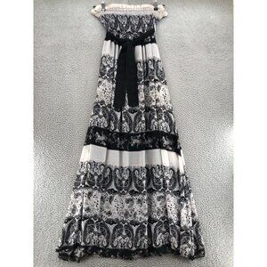 Daytrip Dress Womens Small Gray Paisley Strapless Belted Smocked Maxi Pleated